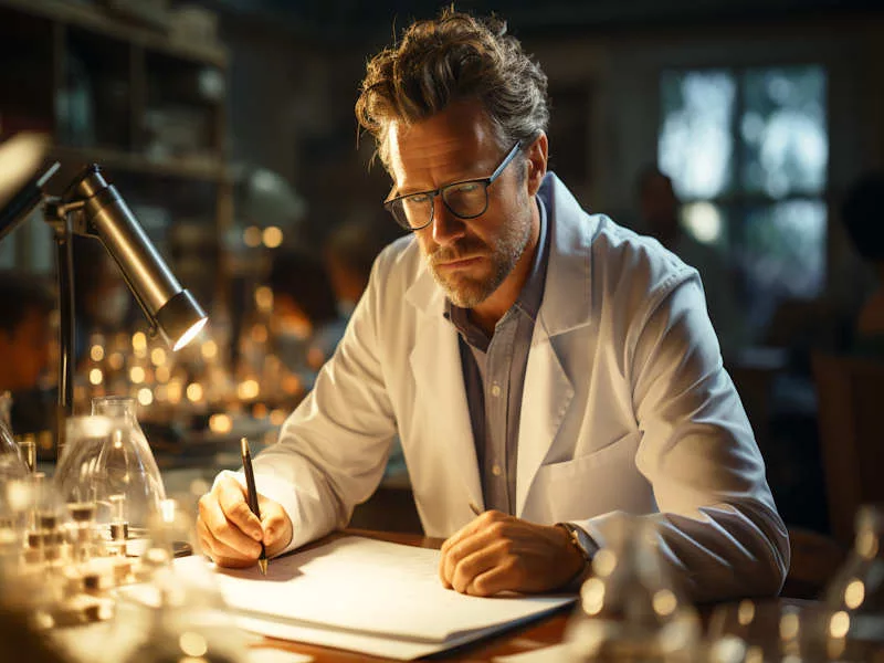 Scientist in a lab reading over a case study