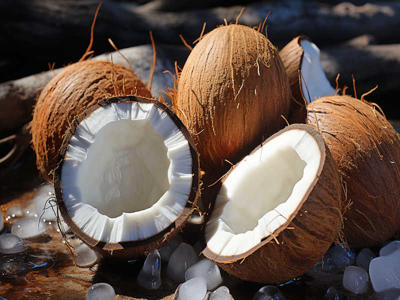 An open coconut with closed coconuts behind them