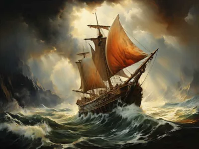 A sailing vessel with open sails in stormy weather